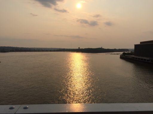 The wide Mississippi River at sunset, USA