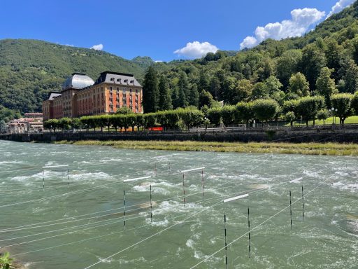 Fast-flowing River Brembo below the mountains at San Pellegrino Terme, Italy