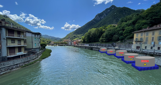 Visualisation of floating WESGen hydro generators moored along a river