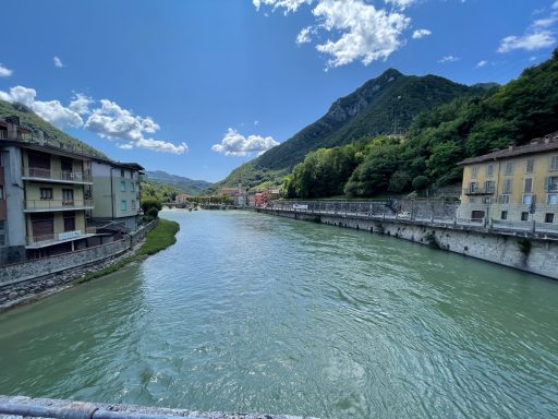 The River Brembo running through an Alpine town in Italy
